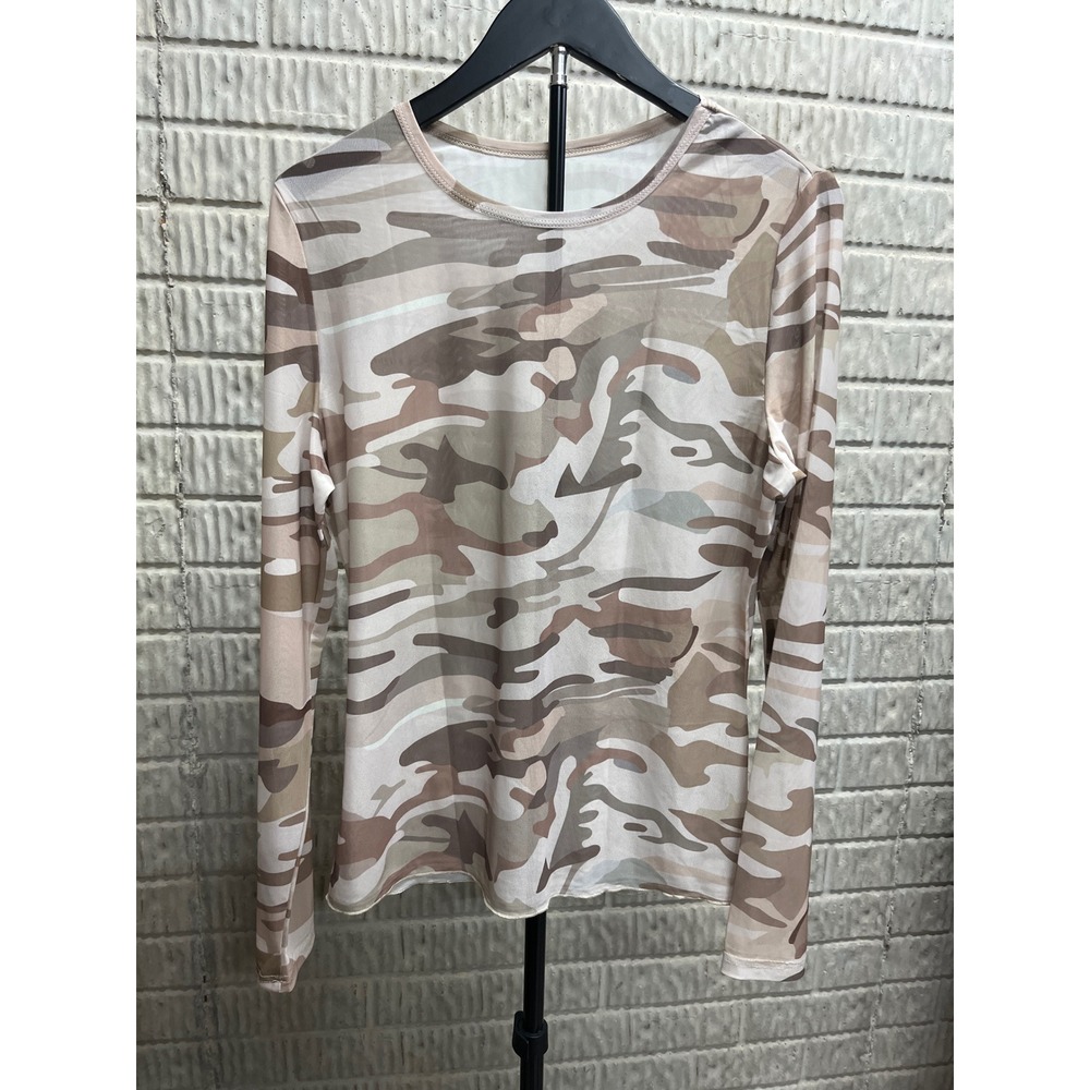 Womens Camouflage Mesh Long Sleeve Top Tan Brown XL Crew Neck Slim Fit Camo